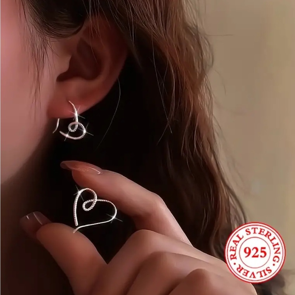 Sterling Silver Line Twist Heart Shaped Hook Earrings - Picture 2 of 3